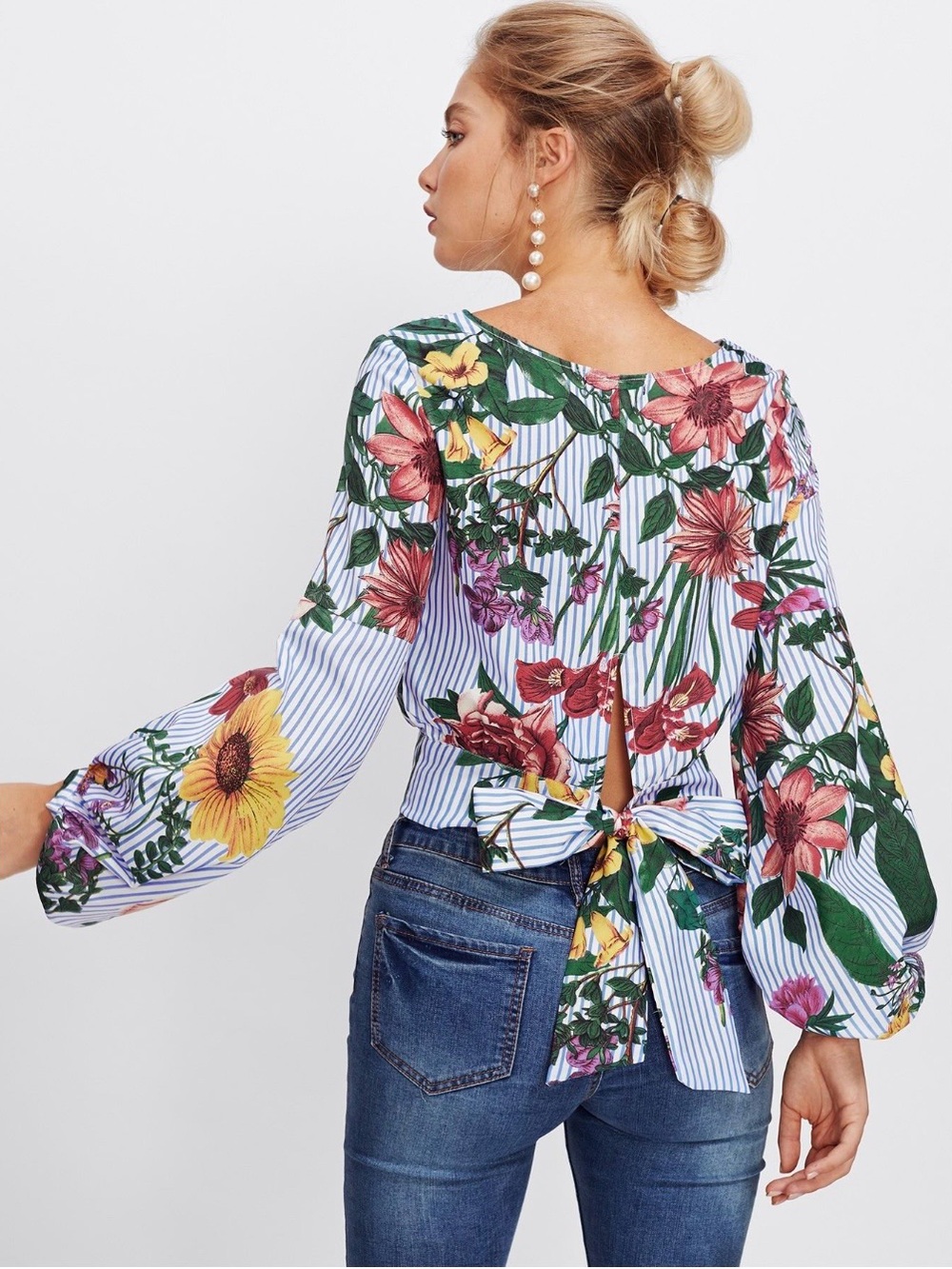 Jeuvre Floral Stripe Tie-Back Crop Top - White Multi